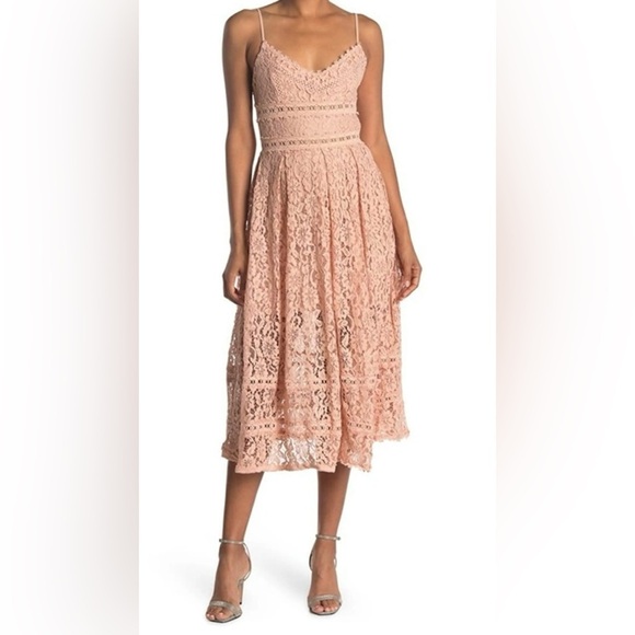 NSR Women's Pink Rose Strap V Neck Lace Dress Zipper Side Lined Flowy Size L - Picture 1 of 8